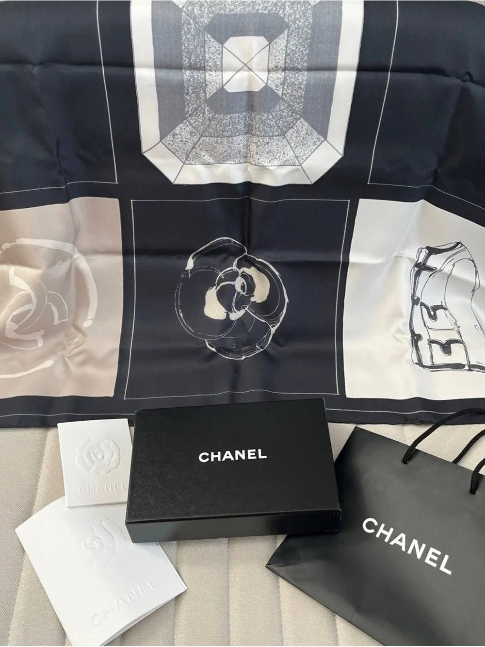 CHANEL icon motifs silk scarf with original packaging tags
